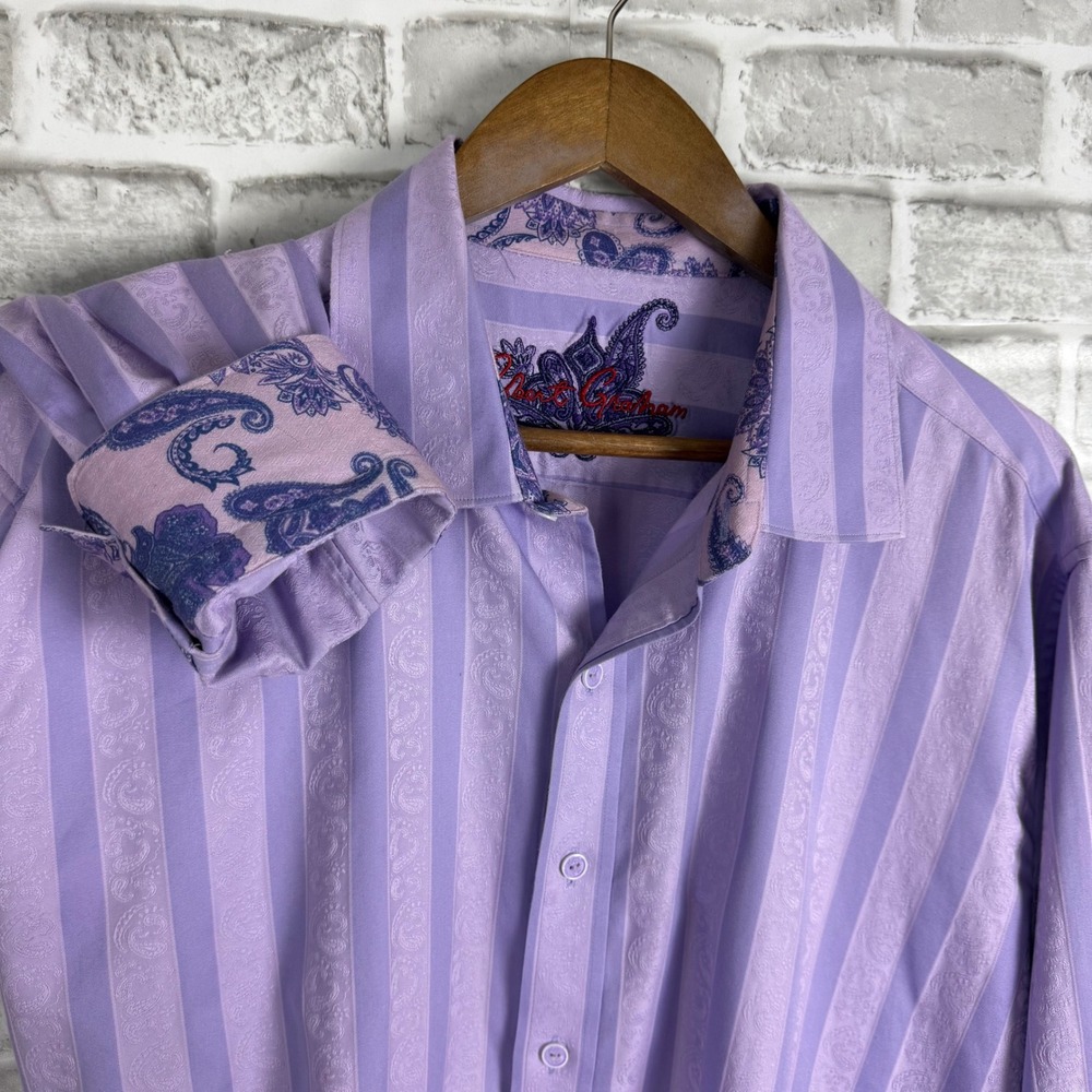 Robert Graham Mens 3XL Light Purple Paisley Stripe Long Sleeve Button Down Shirt